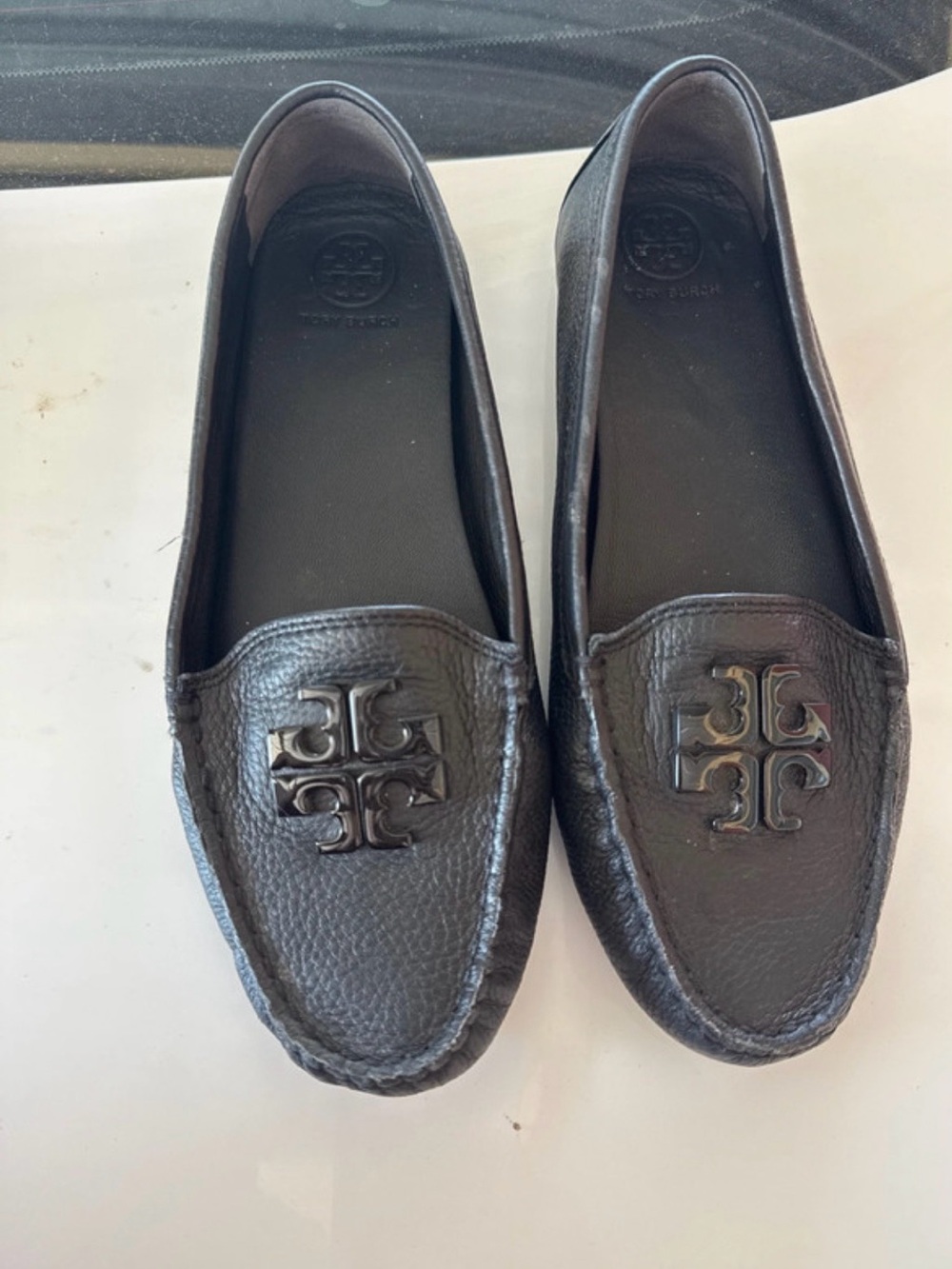 Tory Burch Black Pebbled Leather Logo Moccasins